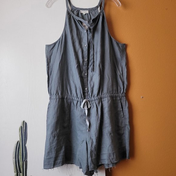 Lou & Grey Drawstring Linen Button Down Romper Overalls Size L - Picture 3 of 14